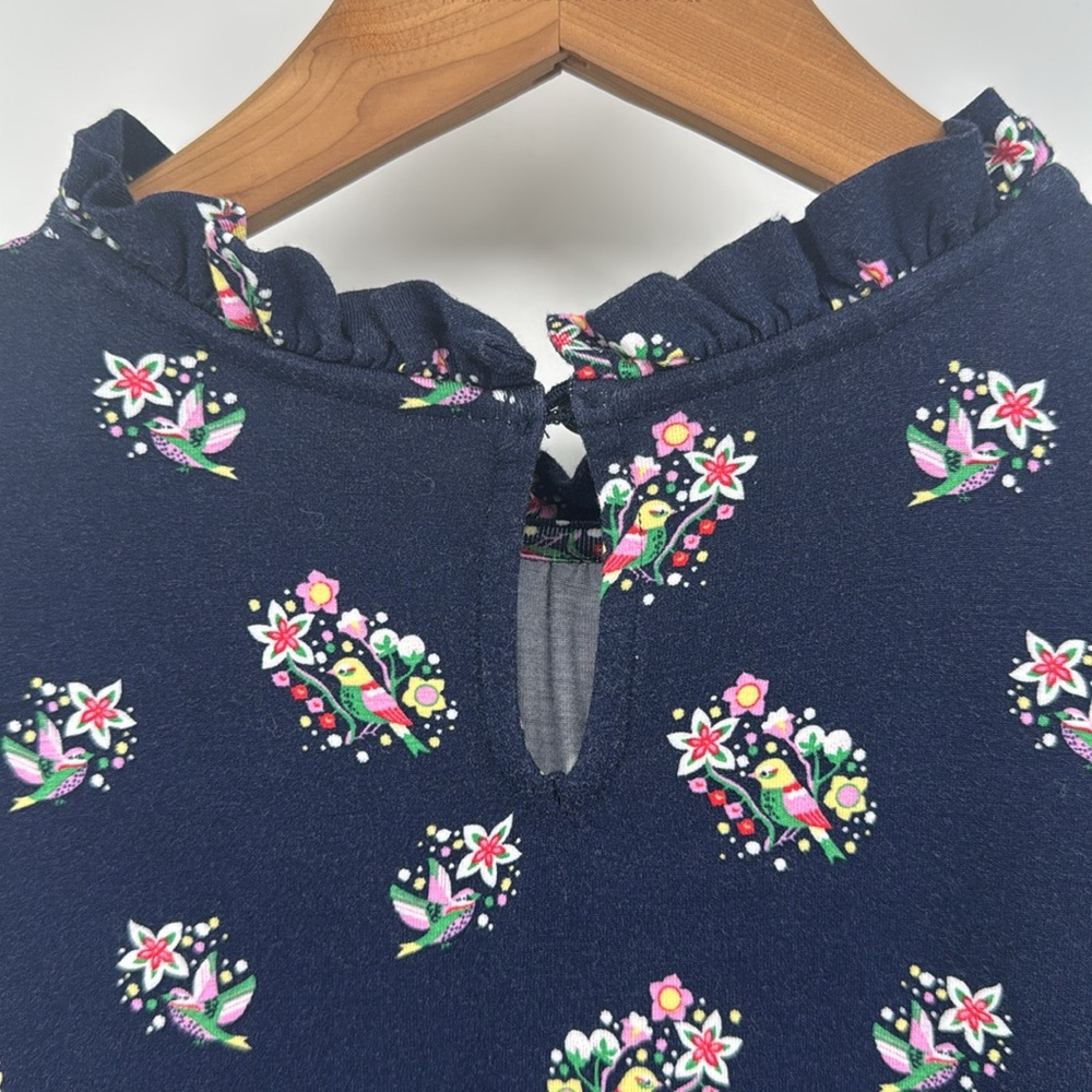 Boden Navy Pretty Bird Floral Clara Long Sleeve Ruffle Neck Jersey Dress - Picture 7 of 9